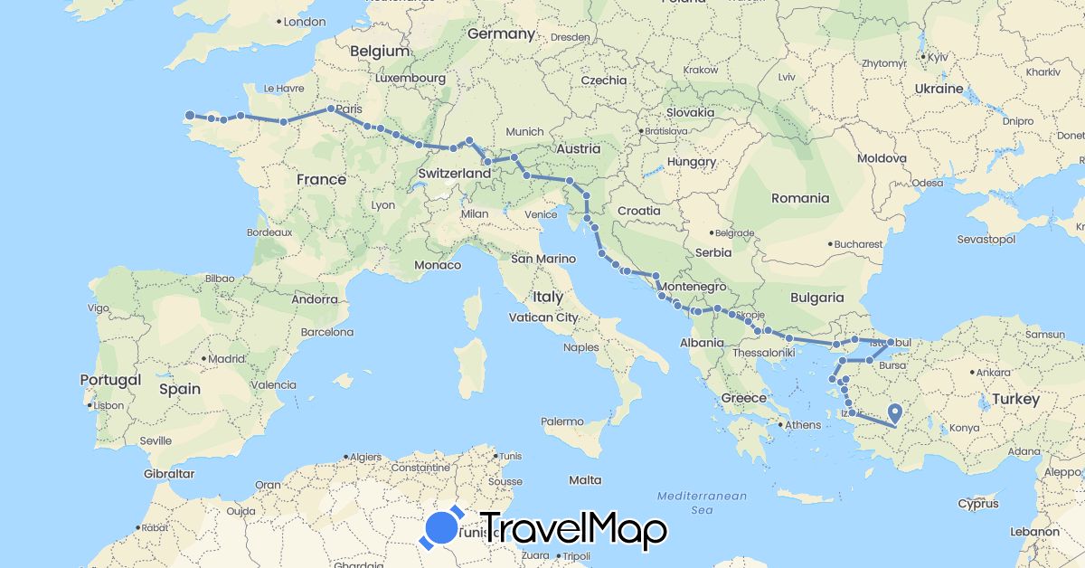 TravelMap itinerary: driving, cycling in Albania, Austria, Bosnia and Herzegovina, Bulgaria, Switzerland, Germany, France, Greece, Croatia, Italy, Montenegro, Macedonia, Slovenia, Turkey (Asia, Europe)